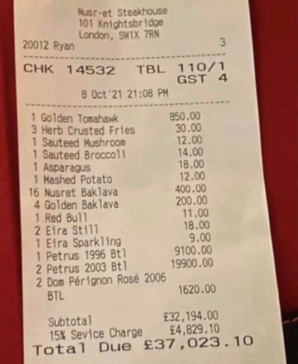 recibo del restaurante de salt bae