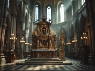 Dettaglio del retablo del Cordero Místico con simboli religiosi