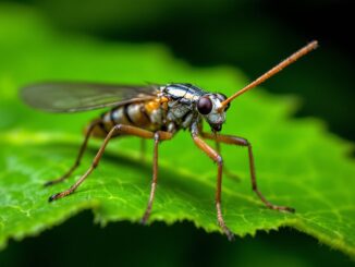 Immagine di una mosca escorpión su un ramo verde