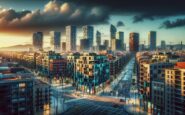 Vista panoramica di Barcellona con edifici tecnologici moderni