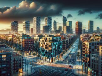 Vista panoramica di Barcellona con edifici tecnologici moderni
