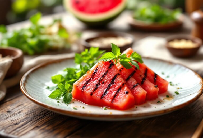 Tataki di sandía servito con salsa e guarnizioni fresche
